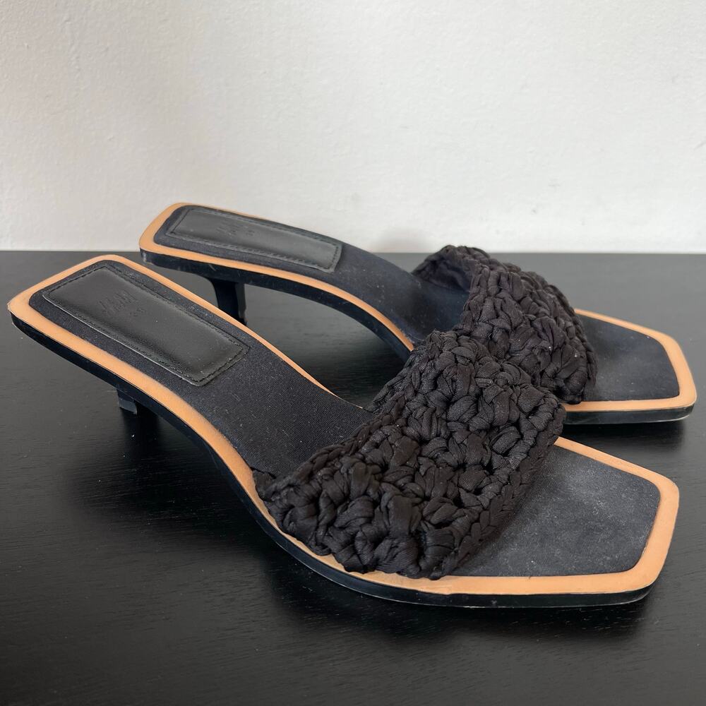 H&M Black Knot Braided Square Toe Kitten Heel Sandals Size 39